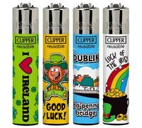 Zactly - 4 x Clipper Lighters IRELAND 1 Design Set Silver Top Gas Refillable Lighter Standard Size Replaceable Flint Rare Limited Edition