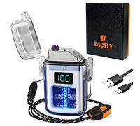 Zactly AL12 Transparent Night Glow Electric USB C Rechargeable Plasma Candle Lighter LED Digital Battery Display Dual Arc Waterproof Windproof, Whistle, Lanyard, Camping Outdoor Survival Tool (GREEN)