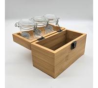 ZACTLY - Bamboo Storage Box with 3 Glass Jars - Airtight Spice Jars with Lids - 17x9x10cm Eco-Friendly Organizer for Herbs, Spices, Tea - Compact Countertop Storage Set (645g, 6.5cm Jar Height)
