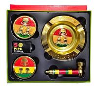 Zactly Exclusive 5 in 1 Smoker Smoking Accessories Kit 2 Collection Bundle, Tobacco Metal Ashtray + 4-Tier Crusher + Smoking Pipe + Steel Mesh/Filter and Presentable Gift Box (Rasta Skull)