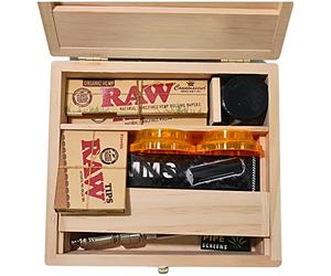 Zactly Exclusive 9 in 1 Smokers Wooden Rolling Box Kit Collection with King Size Raw Papers + Roach, KS Rolling Machine, Pre-Rolled Tips, Mini Plastic Storage Box, Crusher, Smoking Pipe & Steel Mesh