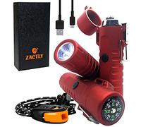 Zactly MODEL AL02 Electric Dual Arc USB Lighter Multifunction Waterproof Windproof Dustproof Rechargeable with Led Flashlight & Emergency Whistle, Camping & Outdoor Survival Tactical Tool (RED)