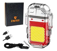 Zactly MODEL AL10 Transparent Electric Lighter Dual Arc Multifunction USB Type-C Rechargeable Waterproof Windproof Dustproof with Led Light, Whistle & Lanyard, Camping, Outdoor Survival Tool (Red)