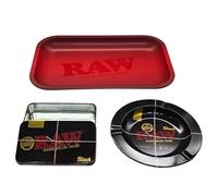 Zactly - RAW 3-in-1 Tray Kit - Limited Edition Rolling Tray, Emerald 20th Anniversary Ashtray & Black Storage Tin - Premium Metal Set for Rolling Accessories, Storage & Collectors (Red)