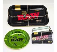 Zactly - RAW 3-in-1 Tray Kit - Rolling Tray, Emerald 20th Anniversary Edition Ashtray & Black Storage Tin - Premium Metal Set for Rolling Accessories, Storage & Collectors (Black)