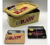 Zactly - RAW Large Storage Box Set with Built-in Tray + 1 RAW Small Black Tin + 1 RAW Small Brown Tin | Authentic RAW Metal Organizer Case for Rolling Papers, Cones & Accessories