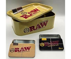 ZACTLY - RAW Large Storage Box Set with Built-In Tray + 1 RAW Small Black Tin + 1 RAW Small Brown Tin | Authentic RAW Metal Organizer Case for Rolling Papers, Cones & Accessories