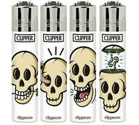 Zactly - Set of 4 Clipper Lighters, Various Assorted Designs, Regular Size Slogan Herb Leaf Weed Leaves Gas Refillable Flint Lighter (Bold Skulls)