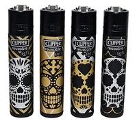 Zactly - Set of 4 Clipper Lighters, Various Designs, Regular Refillable Standard Size Lighter Replaceable Flint (Soft Skulls)