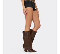 Zadi Lock Layered Detail Pointed Toe Block Heel Knee High Long Boot In Brown Faux Leather, Women's Size UK 7