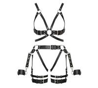 ZADO Leather Harness Set Made of Black Genuine Leather - Chest Harness & Jockstrap with Removable Thigh Harnesses, Handcuffs with Carabiners, Adjustable, Silver Buckles