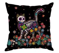 ZAEW Dia De Los Muertos Pillow Cover Sugar Skull Cat Colorful Flowers Day of The Dead Mexican Throw Pillow Case Decorations for Farmhouse Home Bedroom Sofa Couch Outdoor Holiday Decor 16x16 Inch