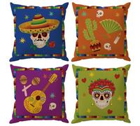 ZAEW Dia De Los Muertos Pillow Covers Sugar Skull Mexican Style Music Guitar Flower Day of The Dead Throw Pillow Cases Set of 4 Decorations for Farmhouse Home Sofa Outdoor Holiday Decor 20x20Inch