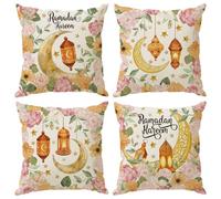 ZAEW Flowers Golden Lantern Moons Stars Ramadan Kareem Pillow Covers Throw Pillow Cases Set of 4 Decorations for Home Sofa Cushion Cover Party Holiday Decor 20x20 Inch