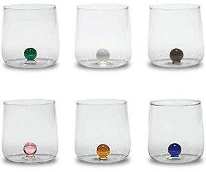 Zafferano Bilia Glass Tumbler - Handmade Transparent Glass, Decorated with a Colourful Glass Ball Inside, cl 44 h 90 mm d 88 mm - Set 6 Pieces - Assorted Colours