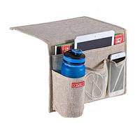 Zafit Linen 4 Pockets Bedside Caddy, Bedside Storage Organizer for Magazine, Remotes, Phone (Beige)