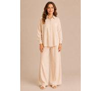Zafosh Women's Embroidered Striped Shirt & Wide Leg Trouser Summer Co-ord Set in Beige | Size: Medium Zafosh Beige M