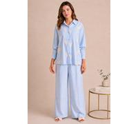 Zafosh Women's Embroidered Striped Shirt & Wide Leg Trouser Summer Co-ord Set in Blue | Size: Medium Zafosh Blue M