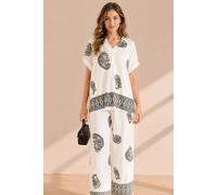 Zafosh Women's Paisley Print V-Neck Top & Wide Leg Trouser Summer Co-ord Set in White | Size: Medium Zafosh White M