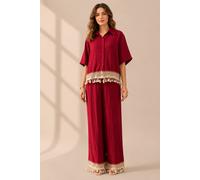 Zafosh Women's Tassel Trim Co-Ord Set Relaxed Shirt & Wide Leg Trousers in Red | Size: Medium Zafosh Red M