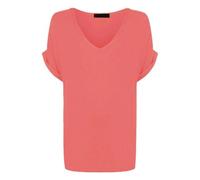 ZAFS Ladies Tops Oversized T Shirts for Women Plain Turn Up Short Sleeved Shirt V Neck Loose Casual Baggy Womens Plus Size Tops Ladies Summer Tops Going Out Blouse Coral 12-14