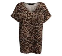 ZAFS Womens Plus Size Tops Ladies Summer Tops Going Out Blouse Ladies Tops Printed Turn Up Short Sleeved Shirt V Neck Loose Casual Baggy Oversized T Shirts for Women Brown Leopard 12-14