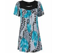ZAFS Womens Tops Floral Print Scoop Neck Smock Tunic Tops For Women UK Plus Size Tops Short Sleeves Formal Casual Ladies Blouses Going Out Tops For Women UK Blk & Turq Flr 26-28