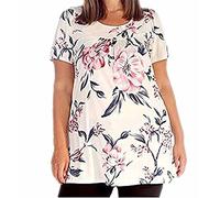 ZAFS Womens Tops Floral Print Scoop Neck Smock Tunic Tops For Women UK Plus Size Tops Short Sleeves Formal Casual Ladies Blouses Going Out Tops For Women UK Cream Leaf 26-28
