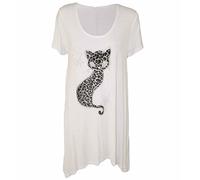 ZAFS Womens Tops Leopard Print Cat Sequin Sparkly Sequin Short Sleeve Hanky Hem Tops Scoop Neck Tunic Tops For Women UK Plus Size Evening Tops Womens Blouse White 26-28