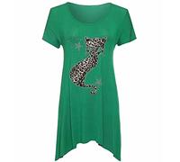 ZAFS Womens Tops Leopard Print Cat Sequin Sparkly Sequin Short Sleeve Hanky Hem Tops Scoop Neck Tunic Tops For Women UK Plus Size Evening Tops Womens Blouse Jade Green 26-28