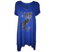 ZAFS Womens Tops Leopard Print Cat Sequin Sparkly Sequin Short Sleeve Hanky Hem Tops Scoop Neck Tunic Tops For Women UK Plus Size Evening Tops Womens Blouse Royal Blue 26-28