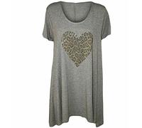 ZAFS Womens Tops Leopard Print Studded Heart Short Sleeve Hanky Hem Womens Tunic Tops Ladies T Shirts Long Tops For Women UK Ladies Evening Tops Sparkly Evening Tops Grey 26-28