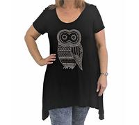 ZAFS Womens tops Owl Diamante Studded Short Sleeve Uneven Hanky Hem Plus Size Tops For Women UK Sparkly Evening Tops Ladies Blouses Oversized T Shirts For Women Black 30-32