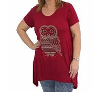 ZAFS Womens tops Owl Diamante Studded Short Sleeve Uneven Hanky Hem Plus Size Tops For Women UK Sparkly Evening Tops Ladies Blouses Oversized T Shirts For Women Wine 22-24