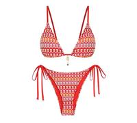 ZAFUL Bikini Sets for Women Crochet Swimsuits Striped Triangle Knit Cheeky Bikini Two Piece Swimwear Side Tie Bathing Suits, A-red Orange, S