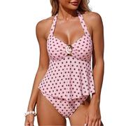 ZAFUL Halter Tankini Swimsuits for Women O-Ring Tummy Control Swimsuits, 2-pink Polka Dot, Medium