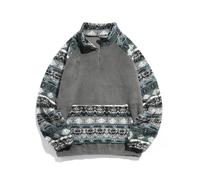 ZAFUL Mens 1/4 Zipper Fleece Sherpa Pullover Sweatshirt Ethnic Aztec Printed Kangaroo Pocket Fall Winter Unisex Hoodie Tops, C-blue&gray, Medium