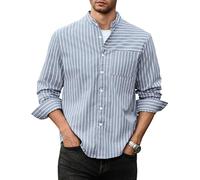 ZAFUL Men's Casual Button-Down Shirts Long Sleeve Striped Cuban Guayabera Banded Collar with Pocket All-Day Shirt Tops, Light Blue, XXL