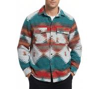 ZAFUL Men's Shacket Aztec Print Shirt Jacket Flannel Button Up Turndown Collar Overshirt Chest Pocket Button Flap Thick Shirt, Blue, Medium