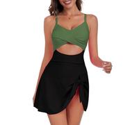 ZAFUL Women One Piece Swimdress Tummy Control Bathing Suit Push Up Swimsuit Modest Swimwear Cutout V Neck Cute Tie Knot Skirt, Army,black, S