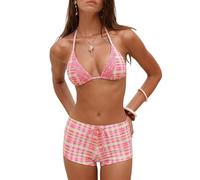 ZAFUL Womens 2 Piece Swimsuits Halter Triangle Top with Boyshorts String Cute Plaid Floral Print Bathing Suits Bikini Sets, 1-gingham Pink, S