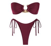 ZAFUL Women's Bandeau Bikini Shiny Metal Ring Decor Lace Up Tied Side High Cut Strapless Swimsuit, 1-wine Red, Medium