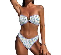 ZAFUL Women's Bandeau Bikini V Strapless Confetti Colorblock Tie Back High Cut Two Piece Swimsuit Bathing Suits, 1-floral Blue, Medium