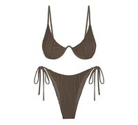 ZAFUL Women's Bikini Sets Ribbed Two Piece Swimsuits Underwire Adjustable Back Clasp Bathing Suit Side Tie Thong Swimwear, Deep Coffee, Medium
