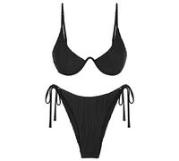 ZAFUL Women's Bikini Sets Ribbed Two Piece Swimsuits Underwire Adjustable Back Clasp Bathing Suit Side Tie Thong Swimwear, Black, Medium