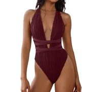 ZAFUL Women's One Piece Swimsuit Deep V Neck Ribbed Self Tie Sexy High Cut Bathing Suit Crisscross Back Swimwear, Maroon, Medium