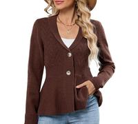 ZAFUL Womens Peplum Cardigan Fall Button Down Knit Long Sleeve Open Front Textured Crochet Shawl Lapel Sweater Trendy 2025, Coffee, L