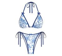 ZAFUL Women's Sexy Halter Bikini Sets Bow Decor Tiny Floral Print Bikini Swimsuits Tie Side Triangle Bathing Suits, 2-deep Blue, S