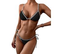 ZAFUL Women's Triangle Bikini Set Bow Decor Ruffle Trim Spaghetti Straps Lace Bikini Swimsuit 2 Pieces Tie Bathing Suits, 3-black, Medium