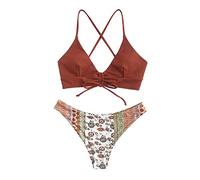 ZAFUL Women's Two Piece Bikini Set with Adjustable Bra Push-Up Back Triangle Bustle Swimming Trunks with Floral Pattern, Brown-e, S